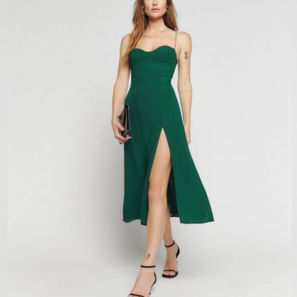 NEW Reformation Juliette Dress Classic Emerald Dark Green Side Slit US 6 UK 10 - Picture 4 of 10